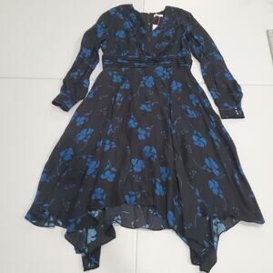 Parker Dress Womens 8 Black Blue Floral Fit & Flare Long Sleeve Asym Hem Party